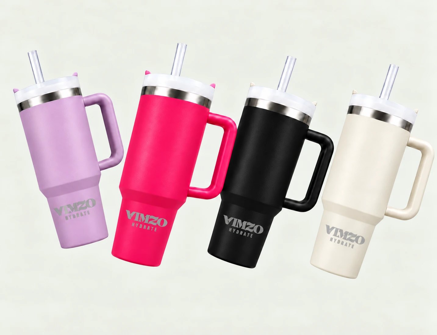 VIMZO HYDRATE insulated tumblers in Lavender Purple, Hot Pink, Matte Black and Cream White